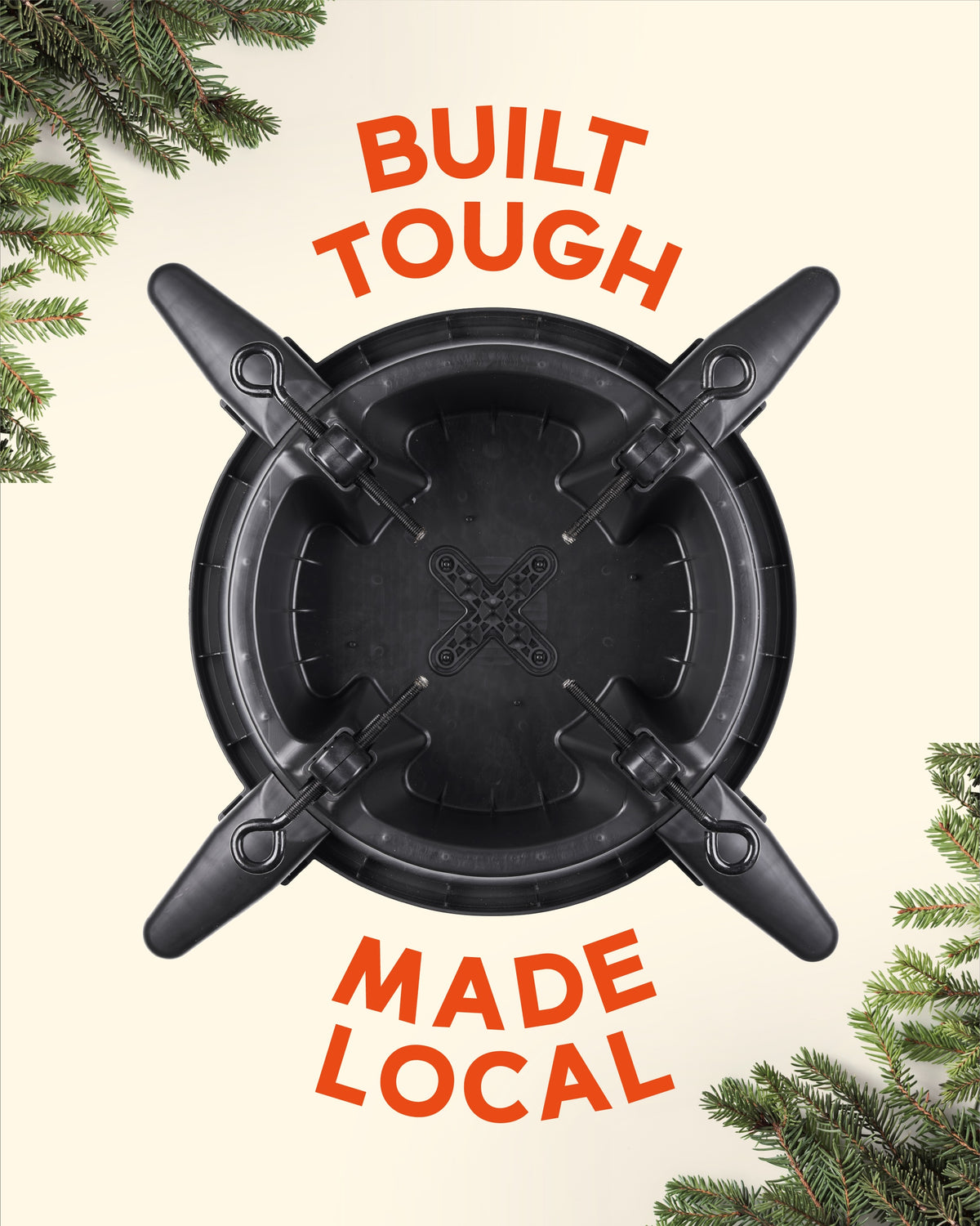 Top down view of the Tree Mate Christmas tree stand showing its clamping bolts and sturdy base