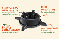 Diagram of Tree Mate Christmas tree stand features, quick release bolts, extra legs and 8.9L water reservoir